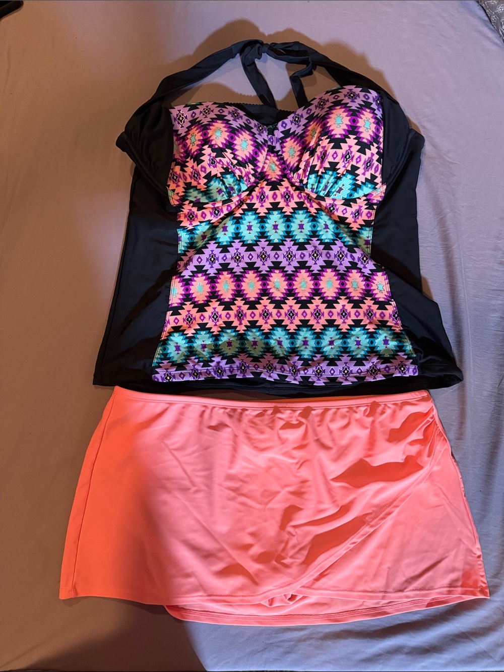 Catalina Neon Aztec Print Tankini with Coral Swim Skirt